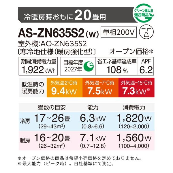 エアコン 2025年 ZNシリーズ AS-ZN635S2W［主に20畳用・200V］（標準取付工事含む）