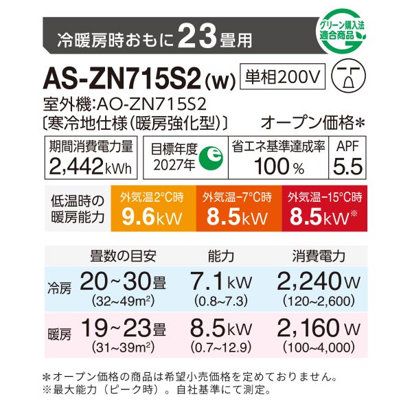エアコン 2025年 ZNシリーズ AS-ZN715S2W［主に23畳用・200V］（標準取付工事含む）